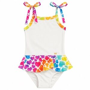 Girls' White One-Piece Swimsuit with Rainbow Heart Trim